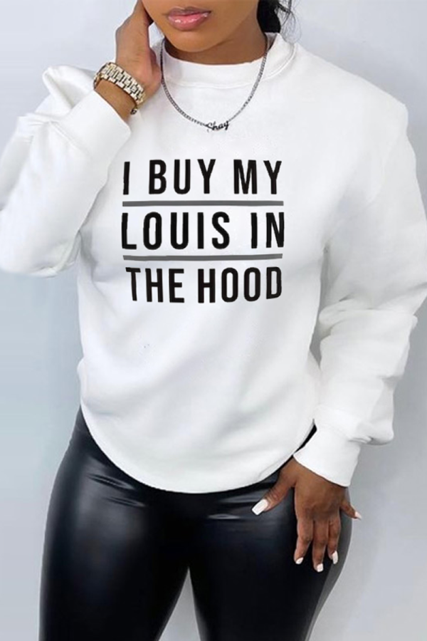 White Fashion Street Print Patchwork Letter O Neck Tops