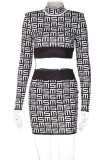 Black Fashion Street Print Patchwork Half A Turtleneck Long Sleeve Two Pieces