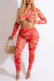 Orange Fashion Sexy Print Basic Turndown Collar Long Sleeve Two Pieces