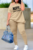 Grey Fashion Casual Letter Print Patchwork Oblique Collar Short Sleeve Two Pieces