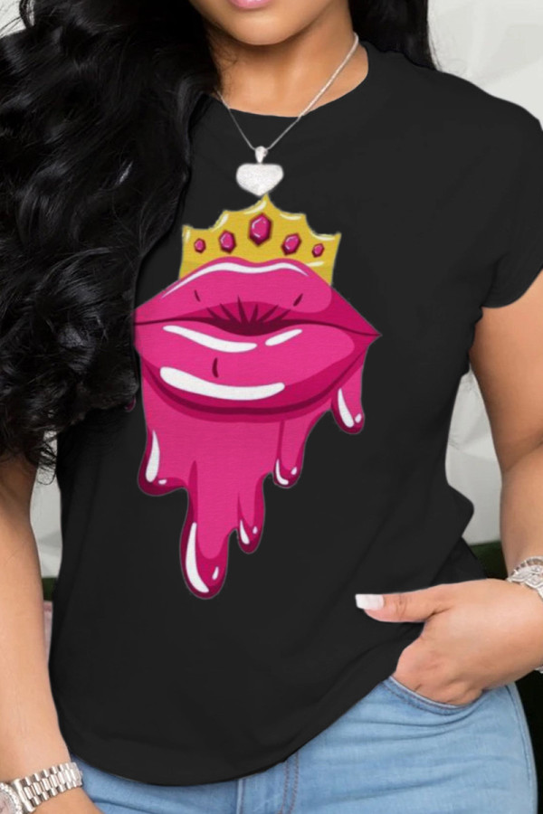 Black Fashion Street Lips Printed Patchwork O Neck T-Shirts