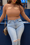 Camel Sexy Solid Hollowed Out Halter Tops