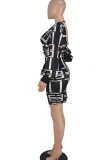 Black Sexy Print Patchwork V Neck Pencil Skirt Dresses