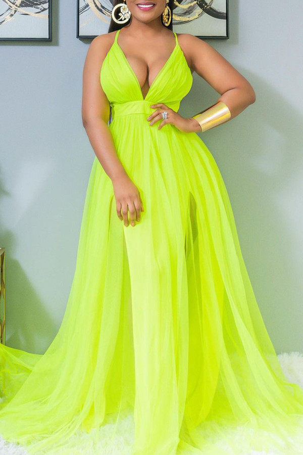 Fluorescent Yellow Sexy Solid Patchwork Spaghetti Strap Ball Gown Dresses