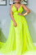 Fluorescent Yellow Sexy Solid Patchwork Spaghetti Strap Ball Gown Dresses