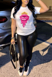 White Fashion Street Lips Printed Patchwork O Neck T-Shirts