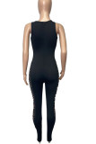 Blue Sexy Solid Hollowed Out Patchwork O Neck Skinny Jumpsuits