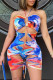 Blue Orange Fashion Sexy Print Tie Dye Hollowed Out Frenulum Backless Swimwears