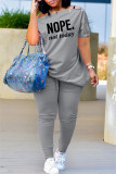 Grey Fashion Casual Letter Print Patchwork Oblique Collar Short Sleeve Two Pieces