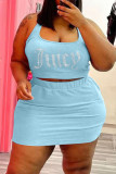 Blue Sexy Casual Letter Hot Drilling Basic U Neck Plus Size Two Pieces
