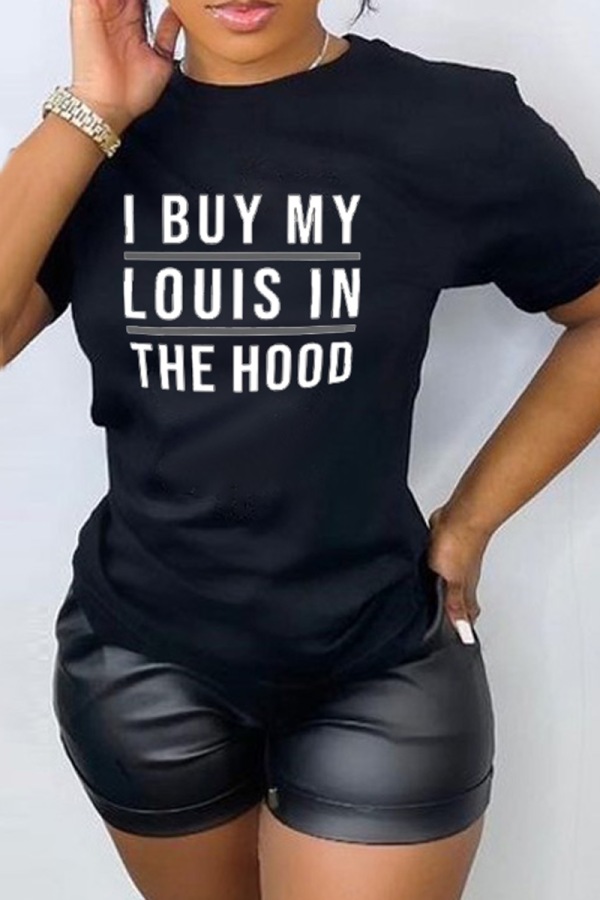Black Casual Street Print Patchwork Letter O Neck T-Shirts