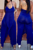 Blue Fashion Sexy Casual Solid Backless V Neck Regular Jumpsuits