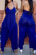 Blue Fashion Sexy Casual Solid Backless V Neck Regular Jumpsuits