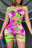 Light Blue Fashion Sexy Print Tie Dye Hollowed Out Frenulum Backless Swimwears