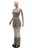 Black Fashion Sexy Patchwork Sequins See-through Backless Halter Regular Jumpsuits