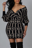 Black Sexy Print Patchwork V Neck Pencil Skirt Dresses