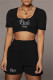 Black Fashion Casual Letter Hot Drill U Neck Short Sleeve Two Pieces