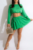 Green Fashion Casual Solid Patchwork O Neck Two Pieces