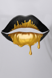 White Fashion Street Lips Printed Patchwork O Neck T-Shirts
