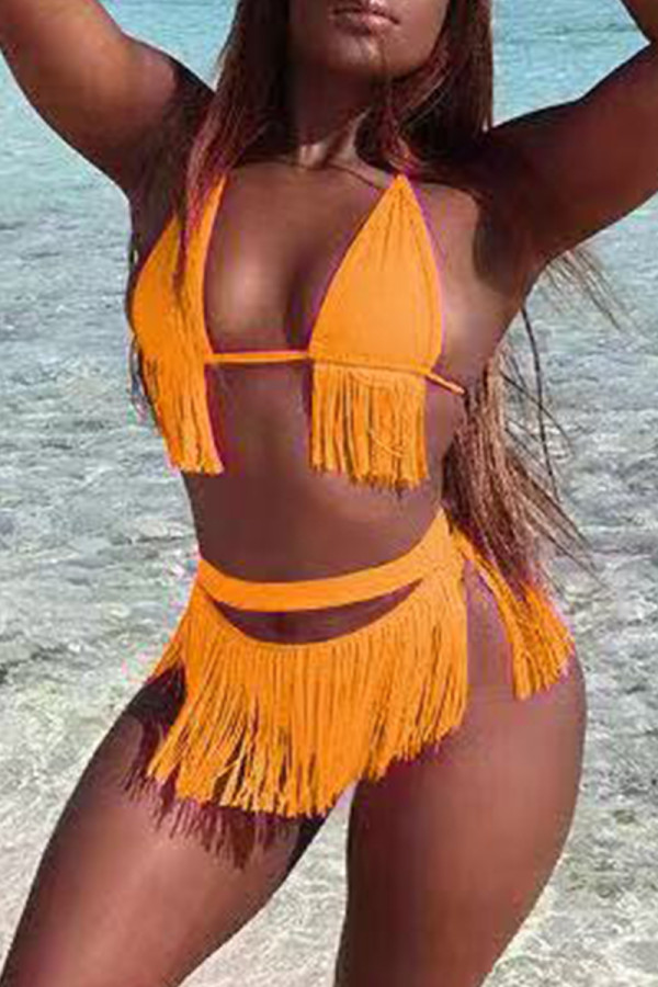 Yellow Fashion Sexy Solid Tassel Bandage Swimwears