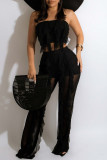 Black Fashion Sexy Solid Split Joint See-through Flounce Strapless Sleeveless Two Pieces