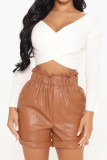 Camel Fashion Casual Solid Patchwork Fold Straight High Waist Straight Solid Color Bottoms
