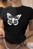 Black Fashion Daily Butterfly Print O Neck T-Shirts