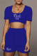 Royal Blue Fashion Casual Letter Hot Drill U Neck Short Sleeve Two Pieces