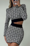 Black Fashion Street Print Patchwork Half A Turtleneck Long Sleeve Two Pieces