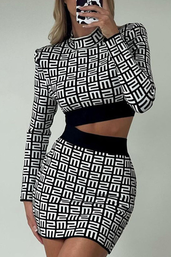 Black Fashion Street Print Patchwork Half A Turtleneck Long Sleeve Two Pieces