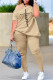 Khaki Fashion Casual Print Patchwork Asymmetrical Oblique Collar Short Sleeve Two Pieces