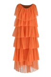 Orange Casual Solid Split Joint Flounce O Neck Cake Skirt Dresses