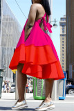 Rose Red Fashion Casual Solid Bandage Patchwork Backless Spaghetti Strap Sleeveless Dress