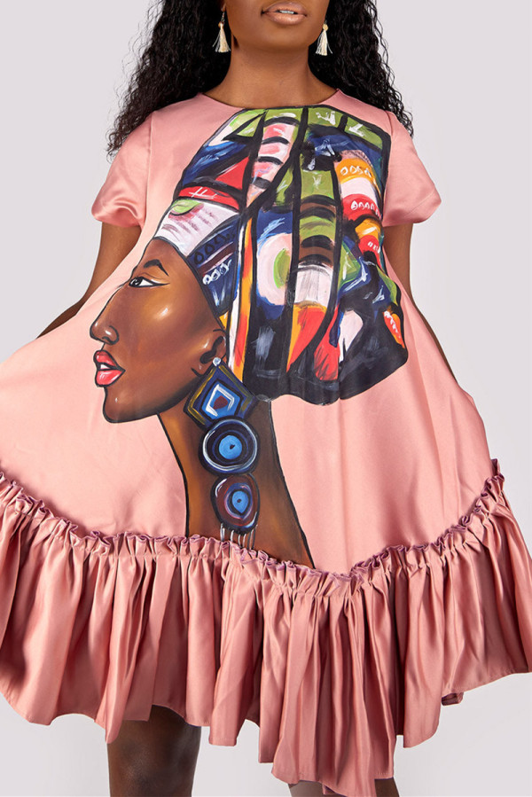 Pink Fashion Casual Print Patchwork O Neck Short Sleeve Dress Dresses