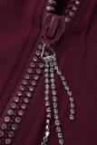 Burgundy Fashion Sexy Solid Split Joint Zipper Collar Skinny Romper