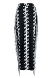 Black Fashion Casual Print Tassel Patchwork Regular High Waist Skirt