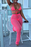Pink Fashion Sexy Hot Drilling Frenulum V Neck Sleeveless Two Pieces