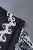 Black Fashion Casual Print Tassel Patchwork Regular High Waist Skirt
