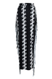 Black Fashion Casual Print Tassel Patchwork Regular High Waist Skirt