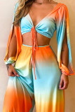 Orange Fashion Casual Print Bandage Hollowed Out V Neck Long Sleeve Two Pieces