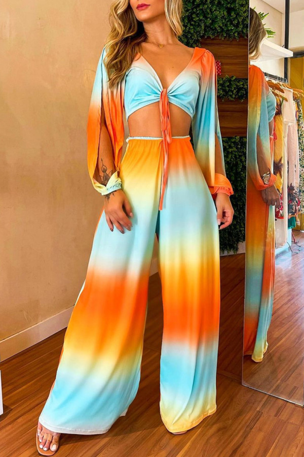 Orange Fashion Casual Print Bandage Hollowed Out V Neck Long Sleeve Two Pieces