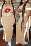 Pink Fashion Casual Plus Size Lips Printed Split Joint Slit O Neck Short Sleeve Dress