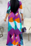 Purple Casual Print Split Joint V Neck Waist Skirt Dresses