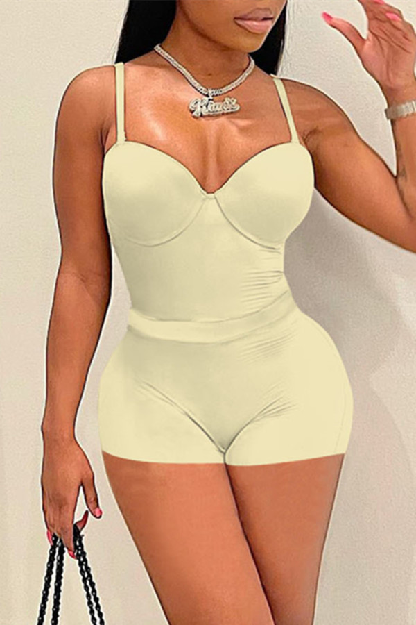 Khaki Sexy Casual Solid Backless Spaghetti Strap Sleeveless Two Pieces