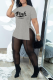 Grey Casual Print Slit O Neck Short Sleeve Two Pieces