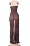 Brown Sexy Solid Mesh Spaghetti Strap Trumpet Mermaid Dresses