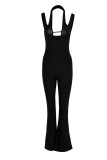 Black Sexy Solid Hollowed Out Patchwork Asymmetrical Collar Boot Cut Jumpsuits