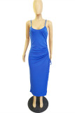 Blue Fashion Sexy Solid Draw String Frenulum Backless Spaghetti Strap Long Dress