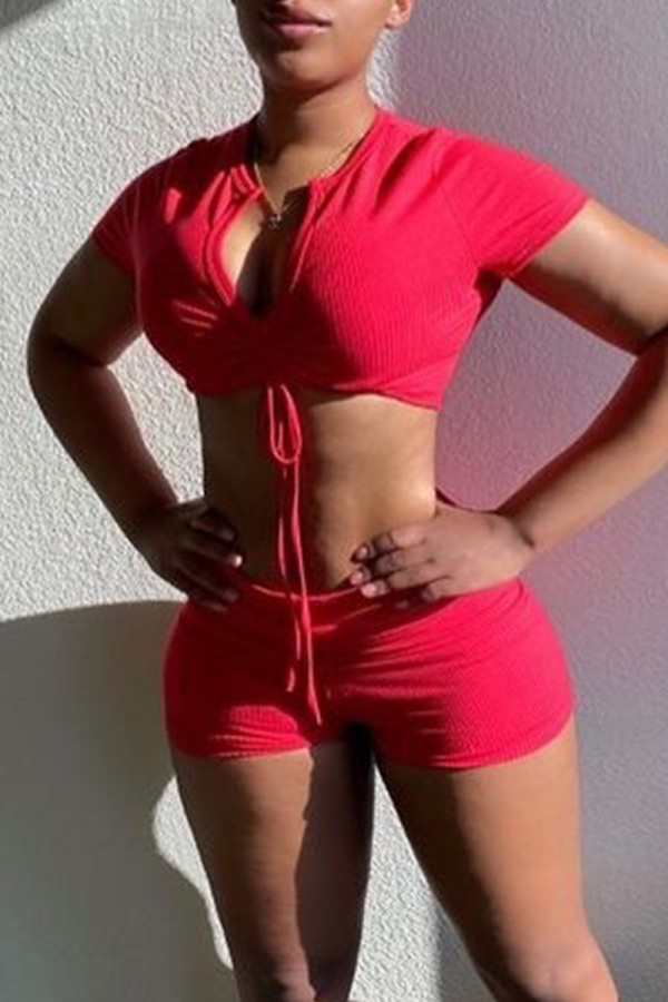 Red Fashion Casual Solid Bandage V Neck Short Sleeve Two Pieces