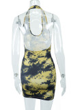 Yellow Fashion Sexy Print Tie Dye Backless Halter Sleeveless Dress Dresses